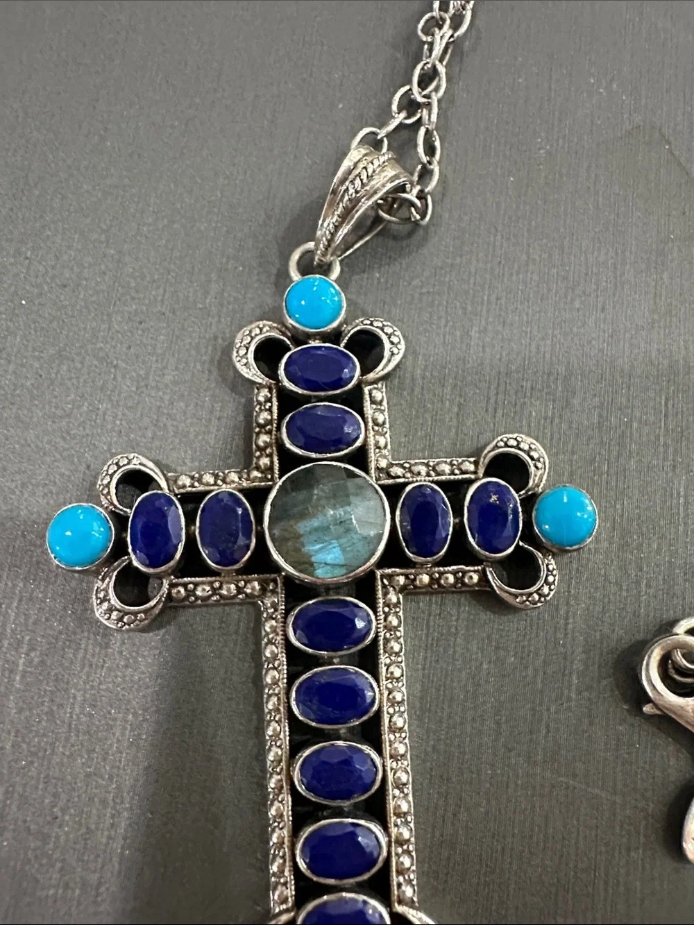 Nicky Butler Silver Cross Necklace with lapis Turquoise and Labordorite.